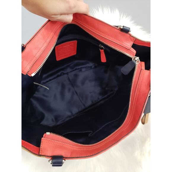 Coach Carrie Color Block Tote # F24065 Camel Navy Leather Old Money Large Purse - Picture 7 of 13